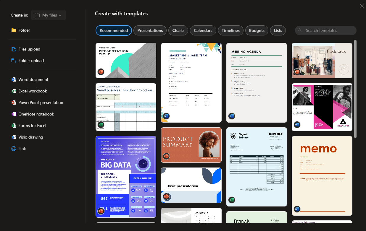 OneDrive new Create experience